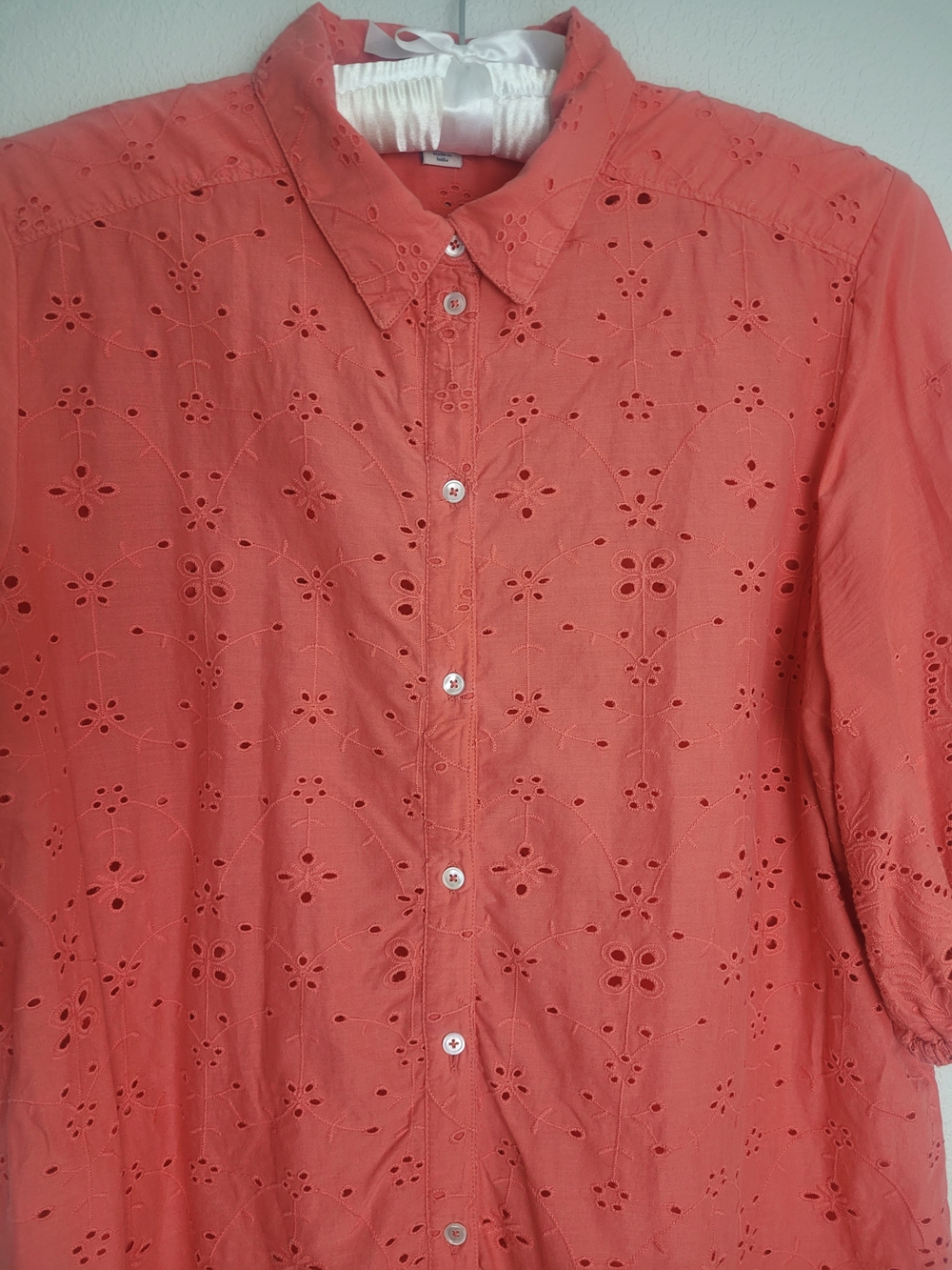 Sundance Corsica Eyelet top women's large orange coral button up elbow sleeve.